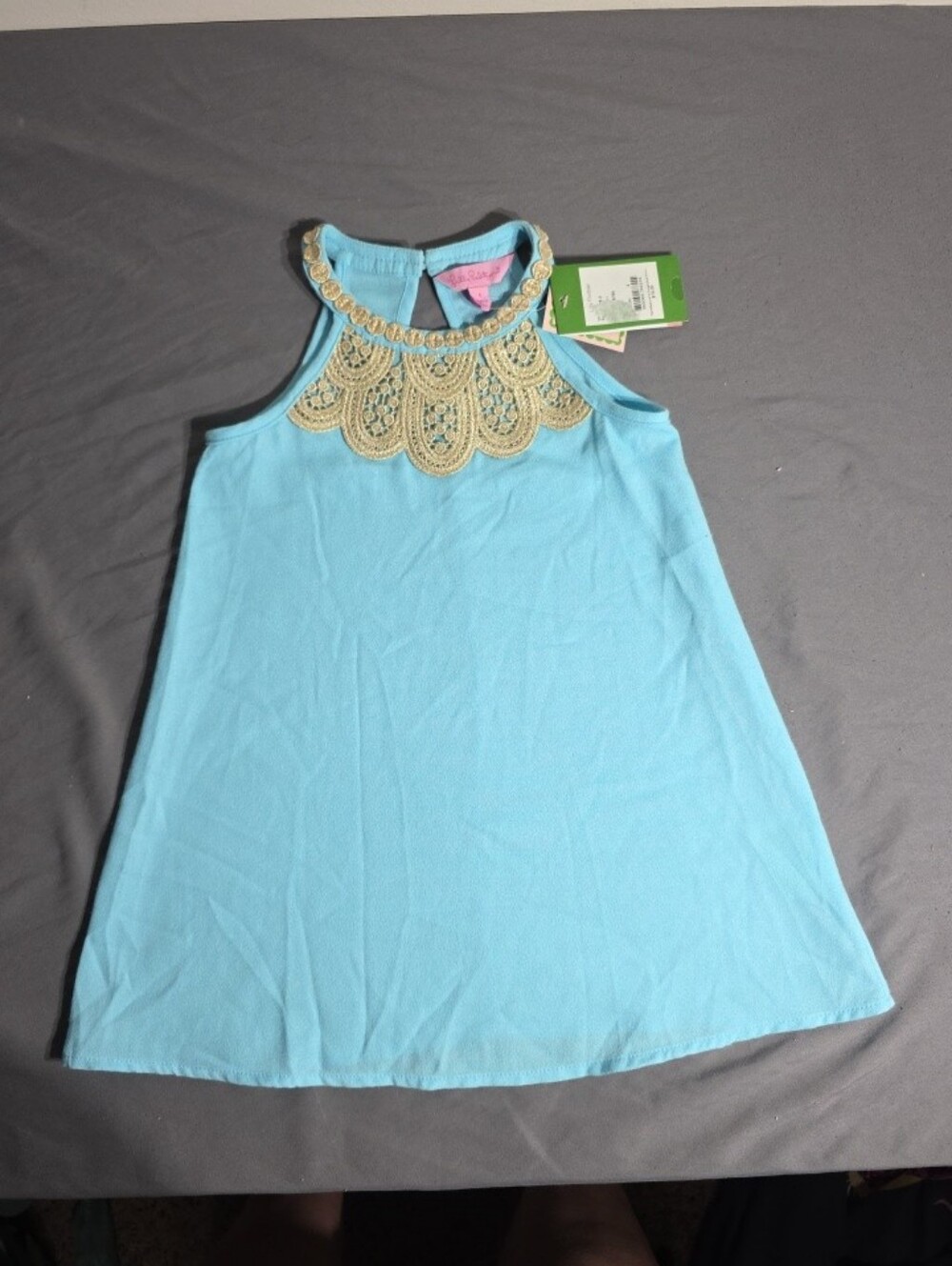 Lilly Pulitzer Turquoise Dress with Gold Embellished Yoke Girls Size 4